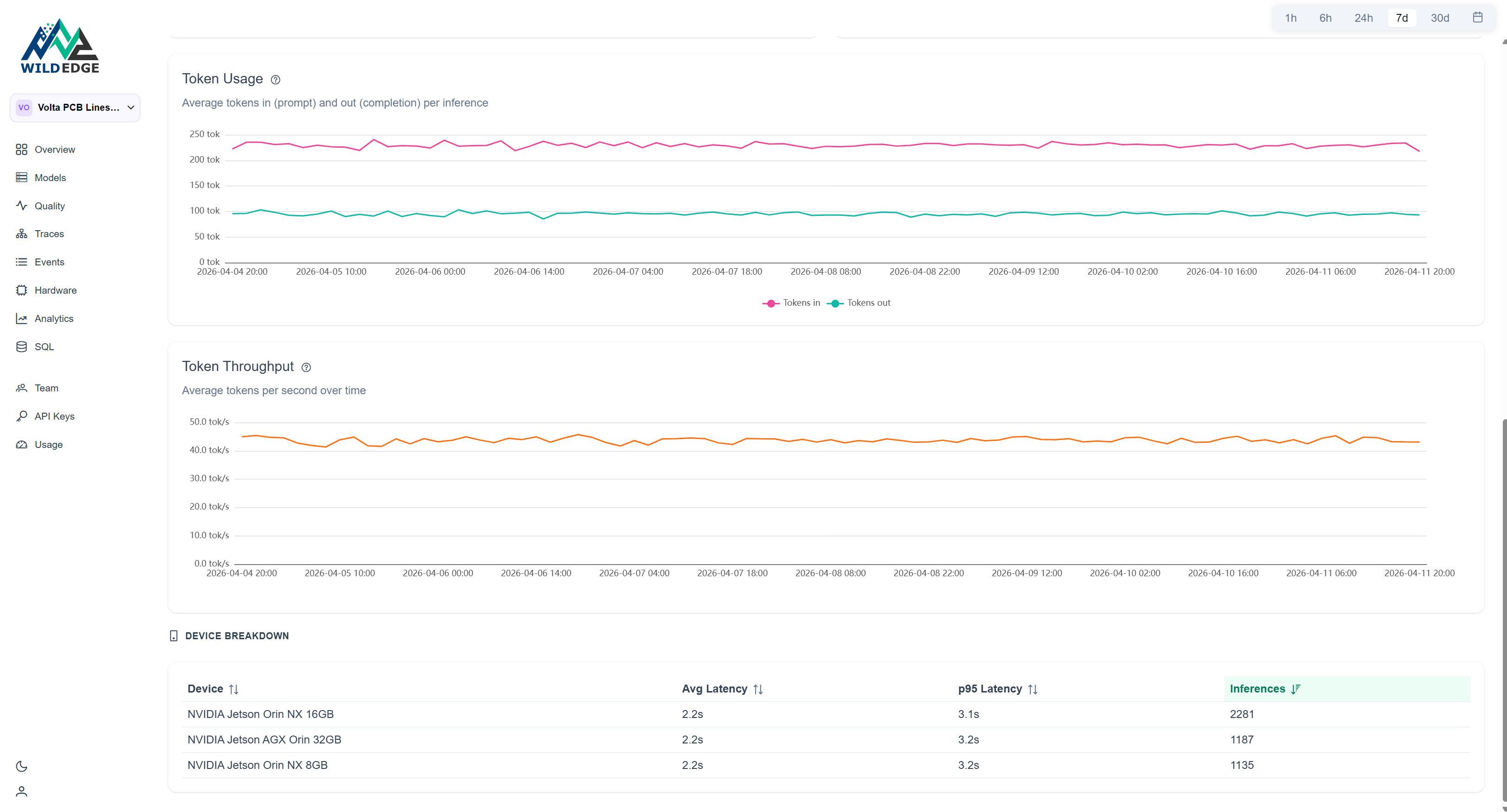 WildEdge LLM detail showing flat token usage across the period